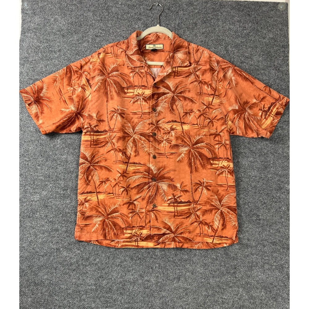 Tommy Bahama Camp Shirt Mens Medium‎ Orange Palm Tree Sunset 100% Silk